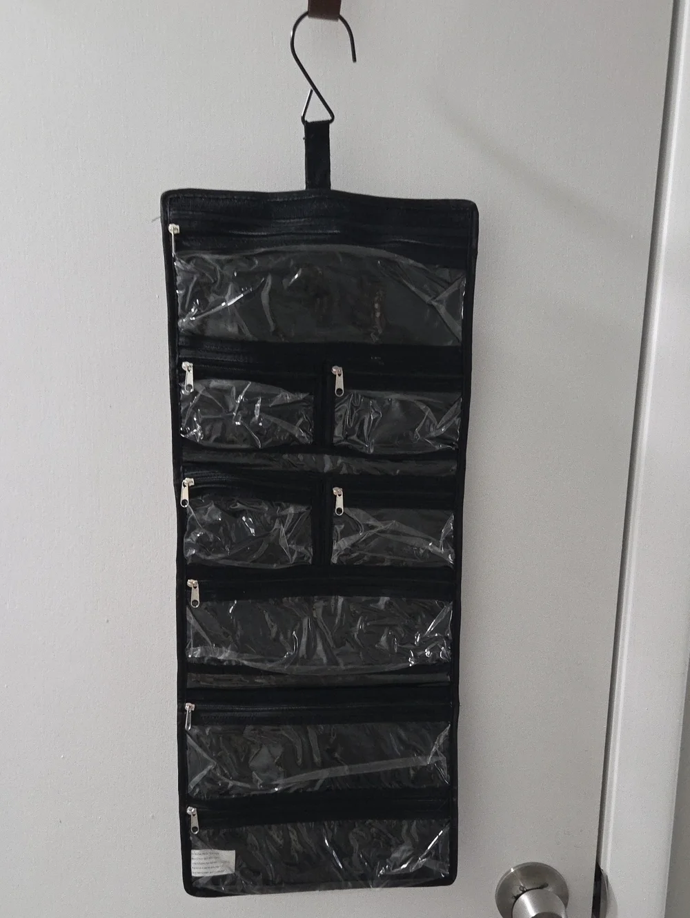 Black Hanging Jewelry Organizer with Clear Zip Pockets